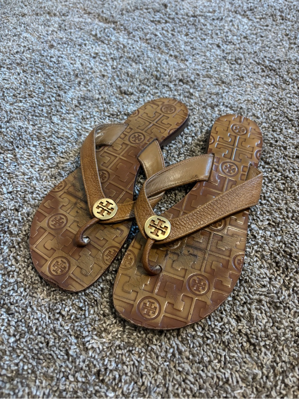 Tory Burch Tan Leather Logo Thong Sandals